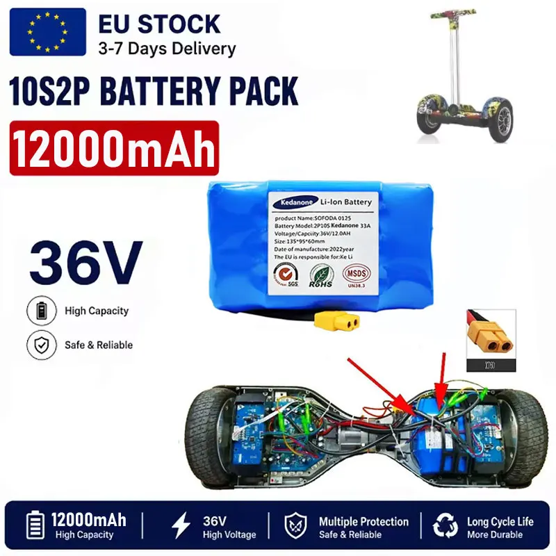 Nuova batteria ricaricabile al litio 36V 12000mAh 10s2p, ideale per monopattini elettrici, hoverboard e monocicli.