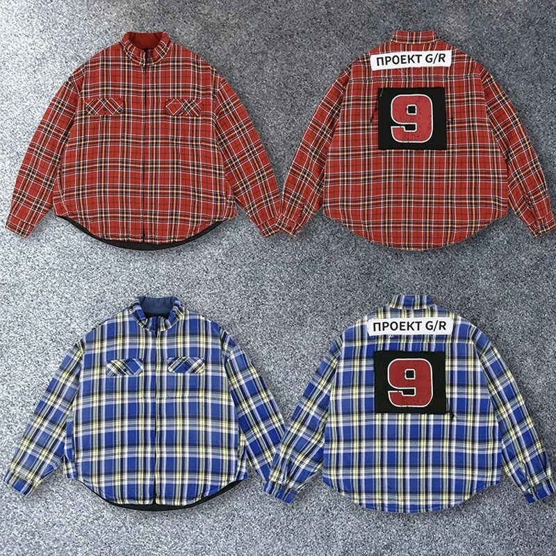 

Red Blue Plaid Project GR Big Embroidery Patch Digit 9 Logo Zipper Shirt Jacket Men Women Winter Thicken Cotton V-shape Shirts