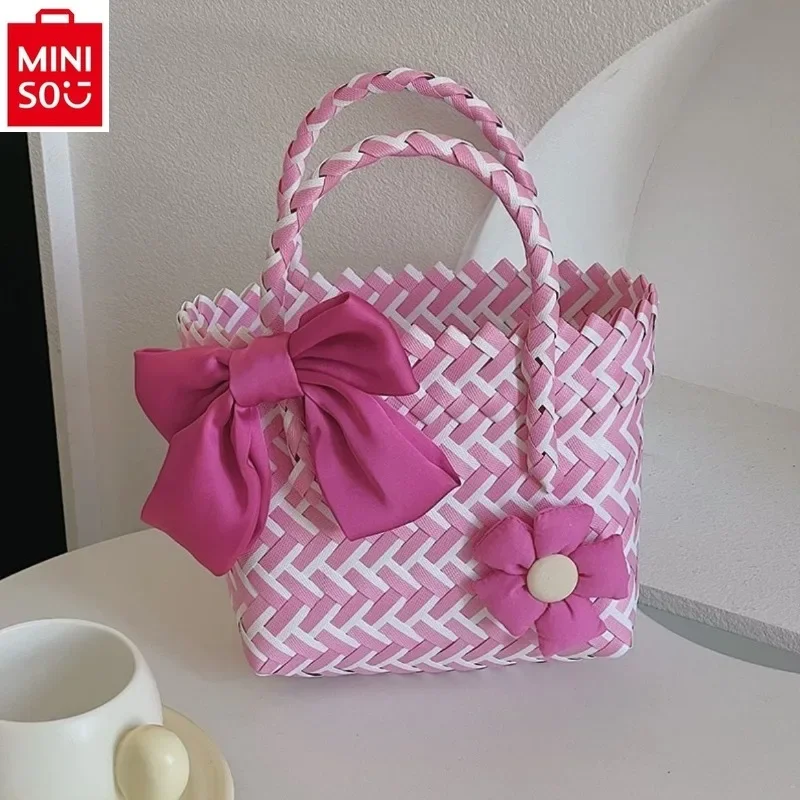 

MINISO Disney Princess Fashion Colorful Woven Bow Women's Handbag Sweet and High Quality Large Capacity Storage Beach Bag