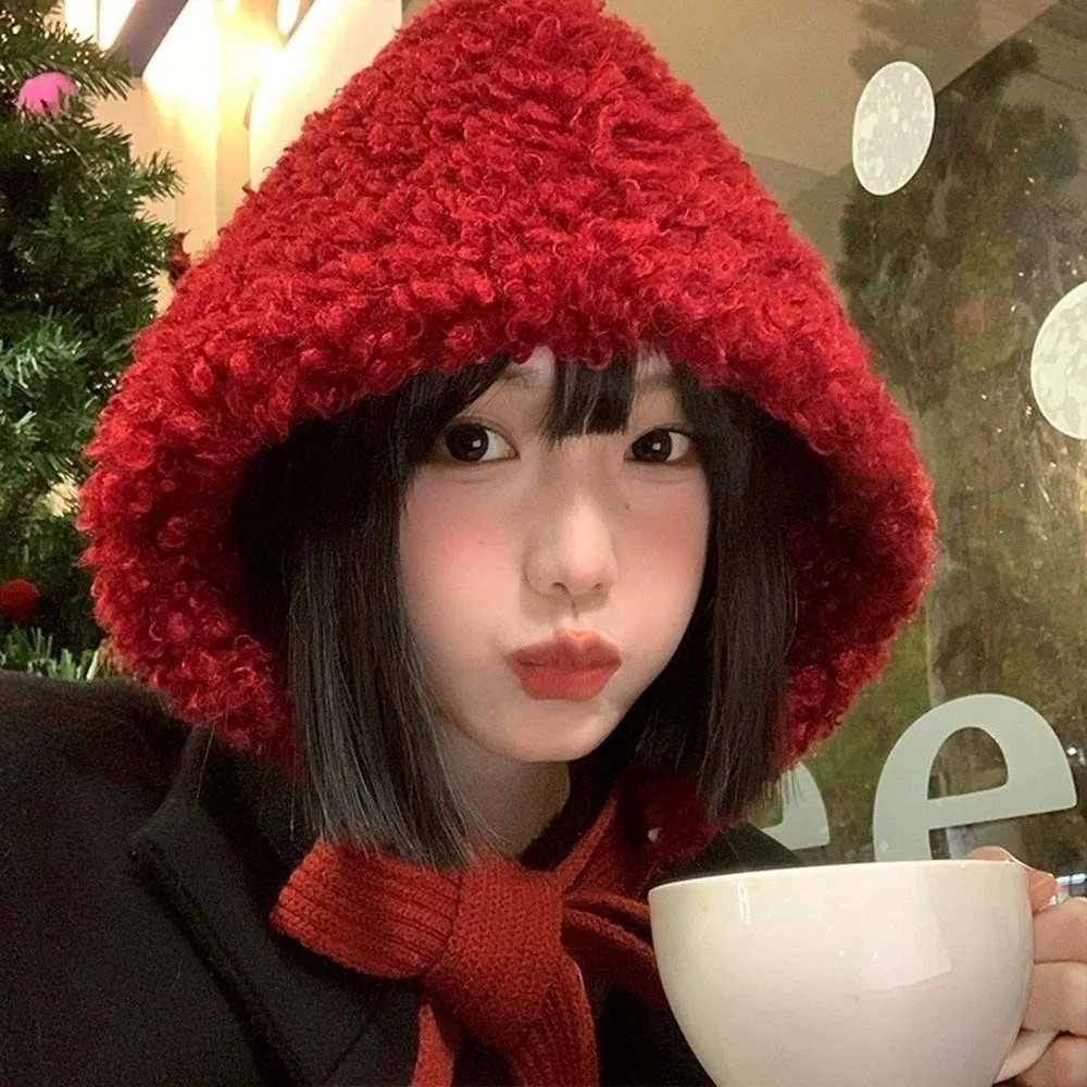 

Woolen Hat Fluffy New Year Red Hat Beanie Anti-cold Lambs Wool Hat Solid Color Warmer Ear Protection Hat Autumn