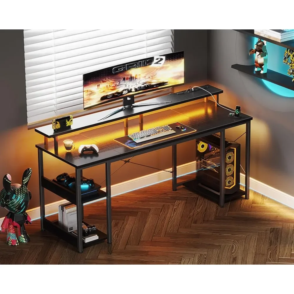 63 inch Computer Desk with Power Outlets & LED Lights, Gaming Desk with Monitor Stand & Storage Sheves, Home Office Desk