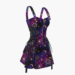 Sukienka Galaxy Sun Star Print Half Zipper sznurowana z wysokim stanem pasek i linia Mini sukienki letnie sukienki dla kobiet 2024 Sundress