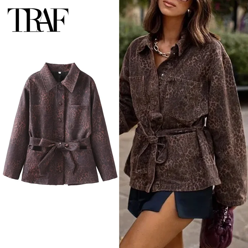 TRAF Women's Jacket Leopard Butterfly Lace-Up Jacket 2024 Autumn Demi-Season Fashion Casual Long Sleeve Coat New In Outerwears