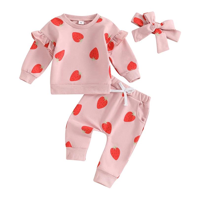 

Toddler Baby Girl Fall Winter Clothes Strawberry Ruffle Long Sleeve Sweatshirt Tops Pants Set Headband 3Pcs Outfit