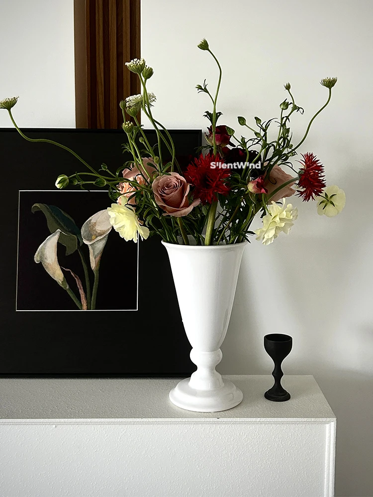 

Silent wind life, French retro high-footed ceramic vase large-diameter desktop high-end ornament