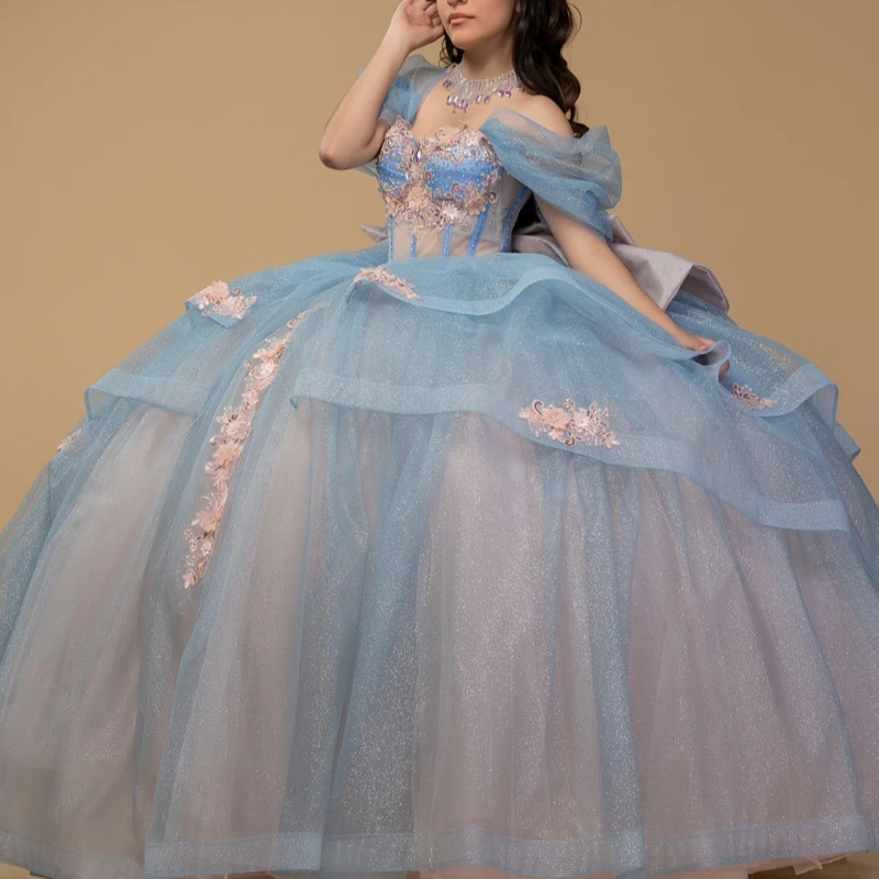 

Light Blue Shiny Ball Gown Quinceanera Dresses Applique Flower Beading Crystal Tull Corset Off Shoulder Sweet 16 Dress Vestidos