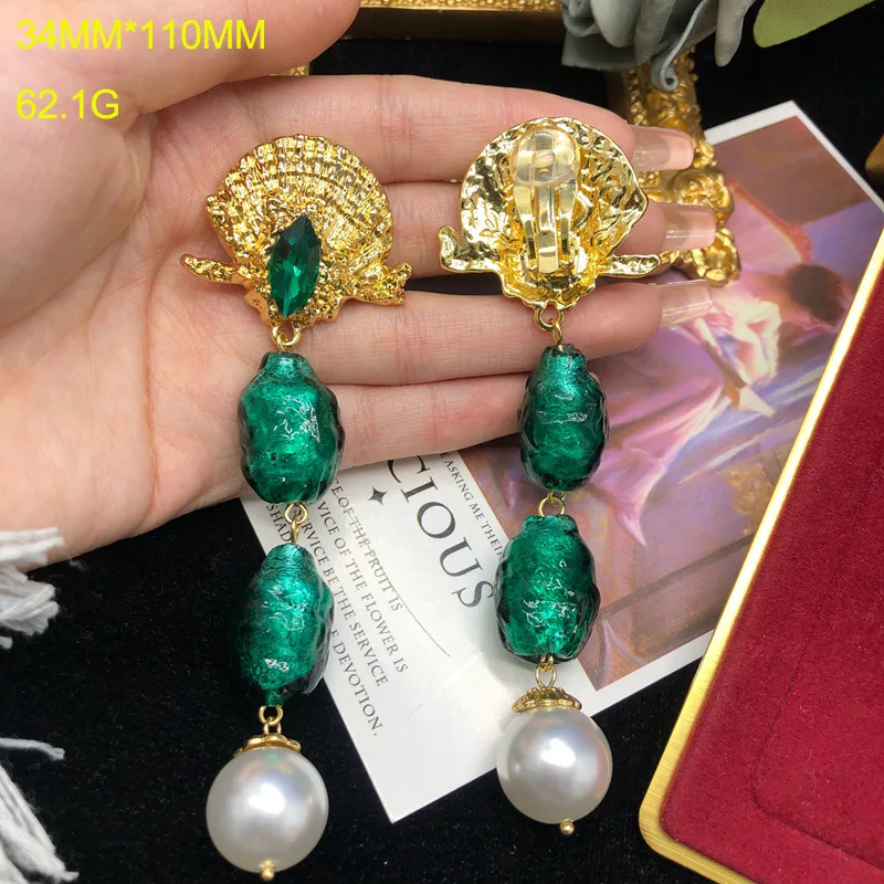 Vintage Emerald Earrings Glass Bead Pendant High-End Pearl Long Shoulder-sweeping Earrings Jewelry Birthday Gifts for Women