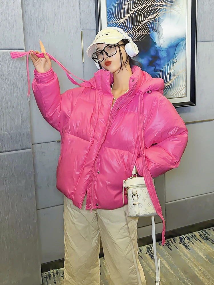 

Street Jacket Short Candy Color All-match Bread Coat Women Shiny Warm Big Hooded Cotton Padded Parkas Fashion Winter Jacket Lady