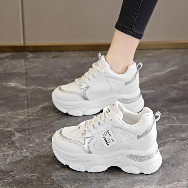 

Chunky Platform Sneakers for Women Lace-Up Air Cushion Vulcanized Shoes Female Pu Leather Thick Bottom Non-Slip Sports Shoes