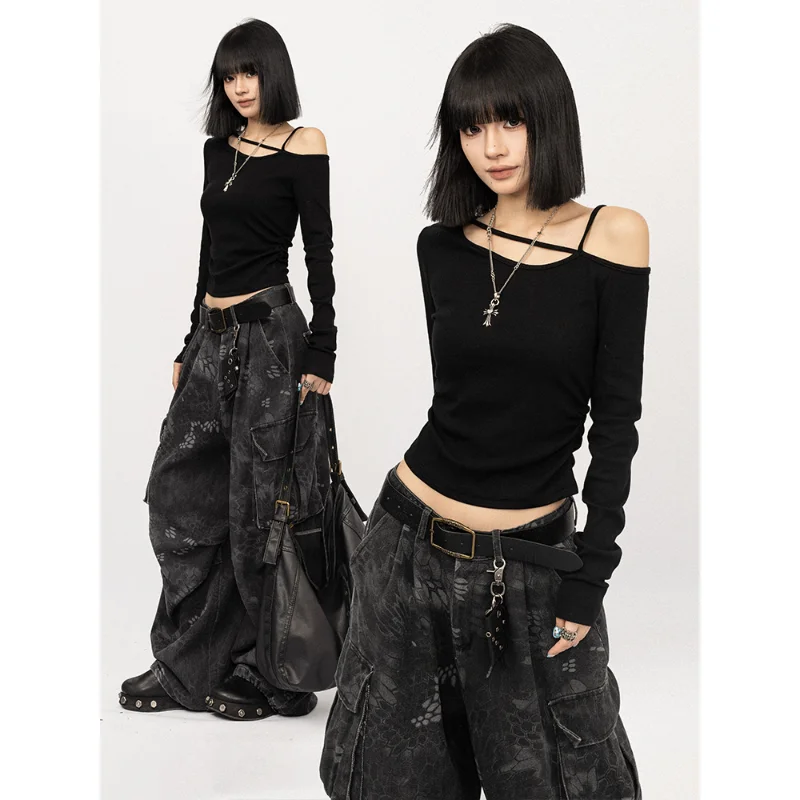 

Футболка в стиле ретро American Hot Girl Bla Slim Fit Long Sve, женская футболка с базовым слоем irt Design Sensation, осенняя новая футболка Sle