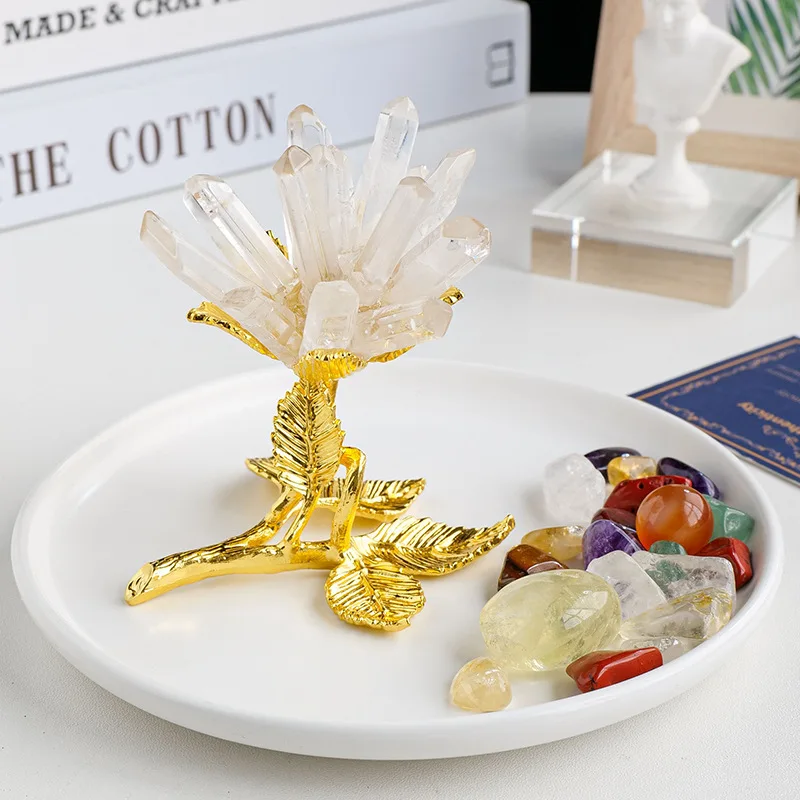 1pc Natural Crystal Amethyst Cluster Ornament Golden Flower Bracket DIY Flower Tree For Home Decoration Crafts Ornaments Gift