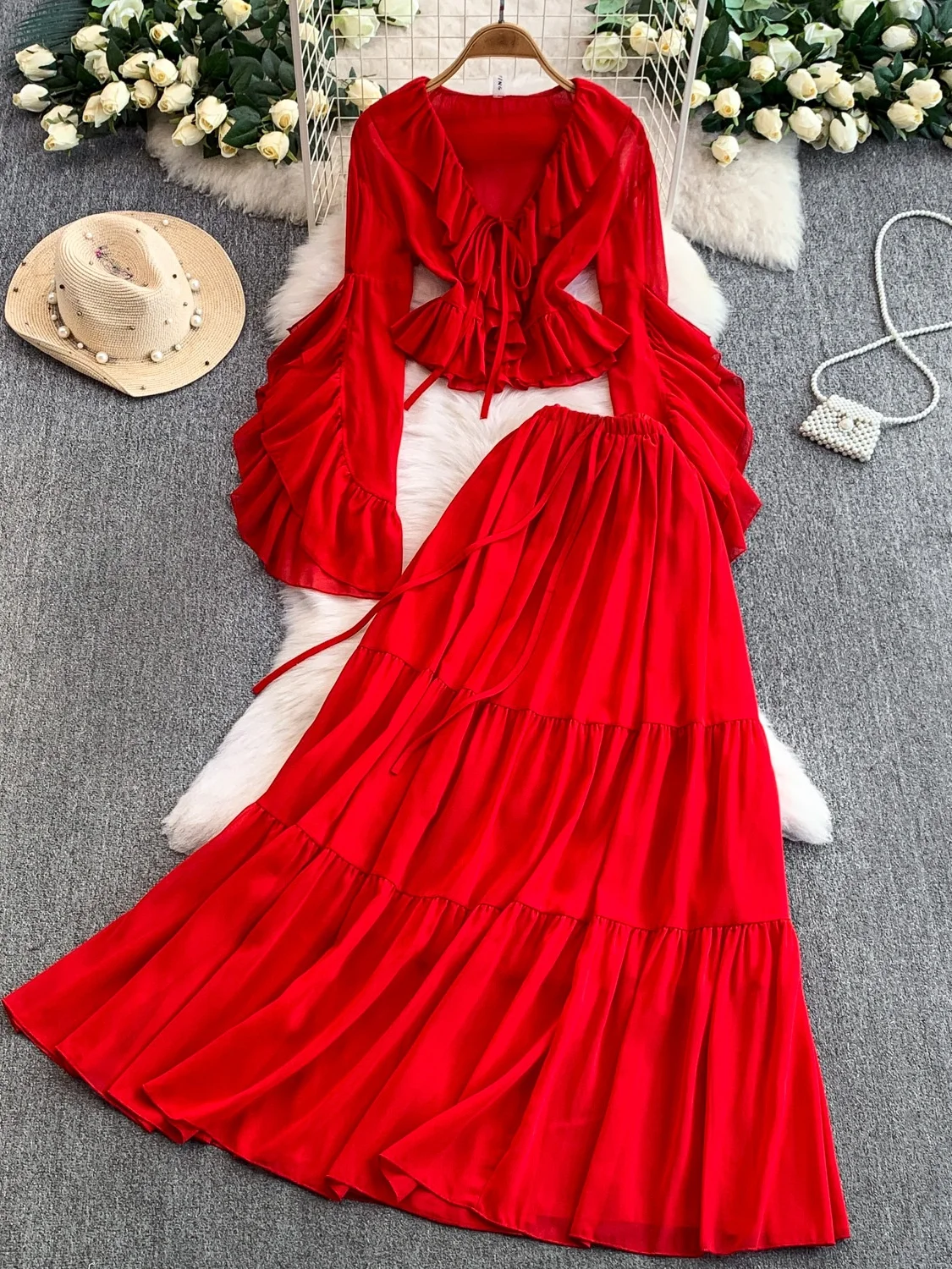 French Style Bell Sleeve Shirt And High Waist Skirt Two Piece Set V Neck Chiffon Long Dress Holiday Vibes Slimming Effect