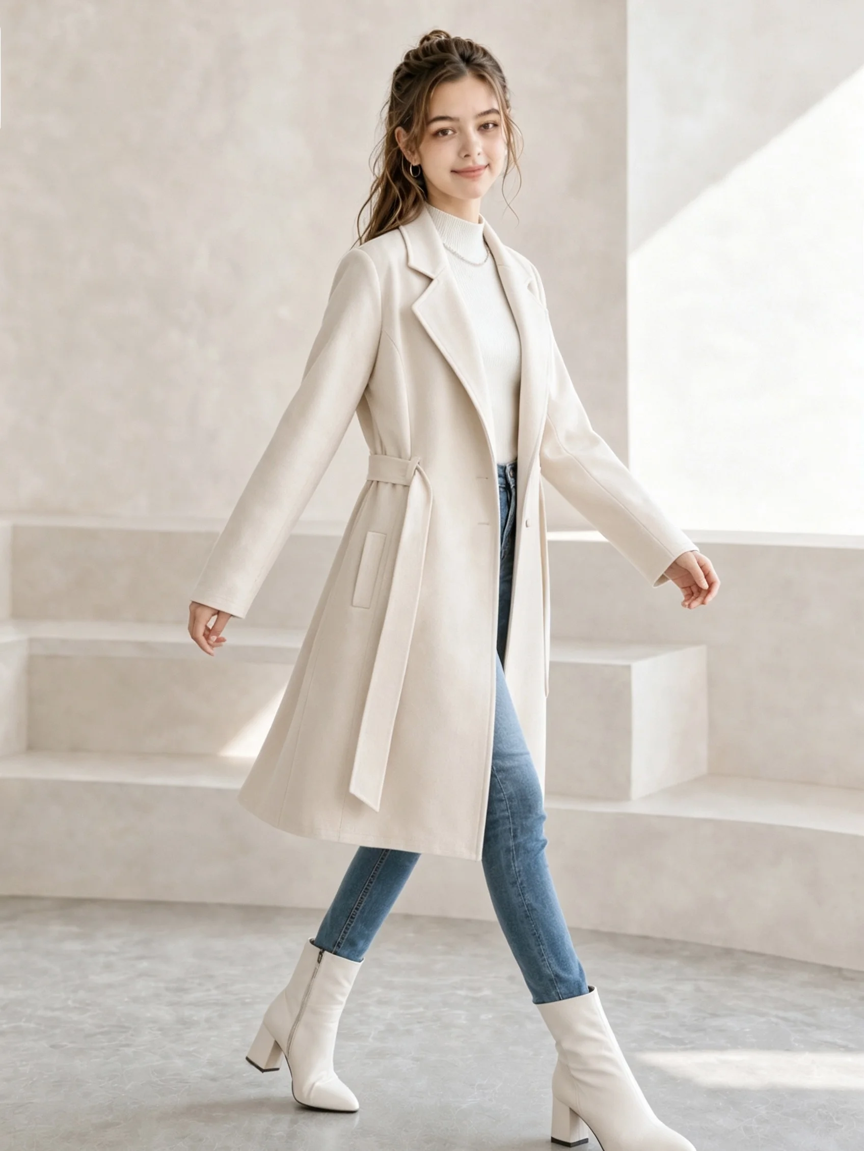Girls' Autumn and Winter Youth Coat with Elegant and Stylish Design, Solid Color, Warm and Stylish, Large Lapel, Long-Sleeved Coat, Paired with a Matching Belt, Suitable for Older Children and Teenagers Aged 12-16