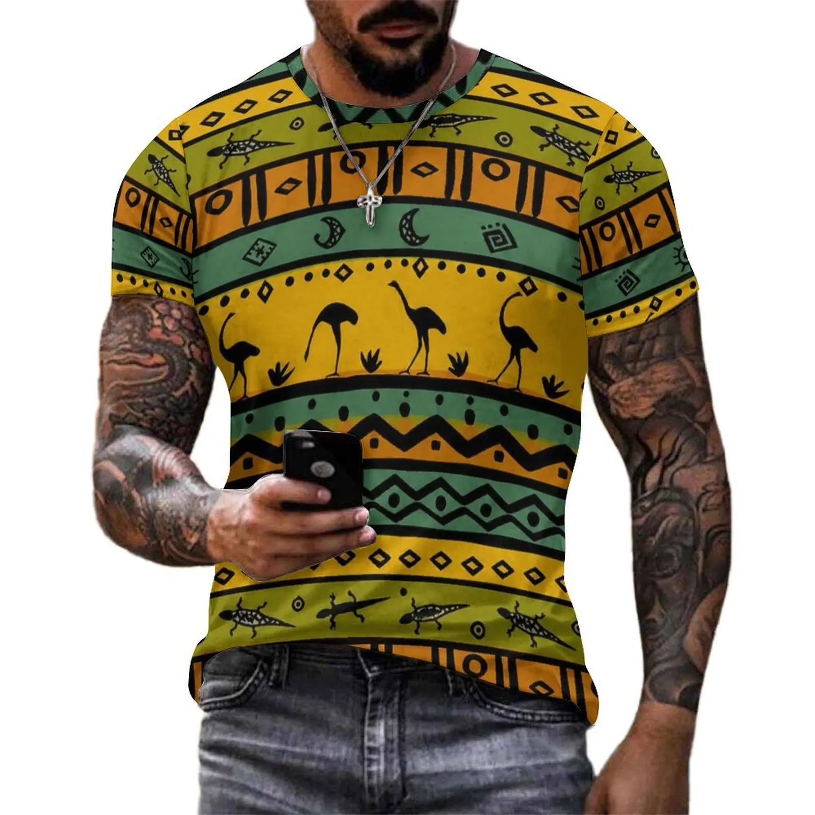 Man Vintage African Wildlife Tribal Print T Shirt Vintage T-Shirts Short Sleeve Custom Tops Wholesale Summer Oversized Top Tees
