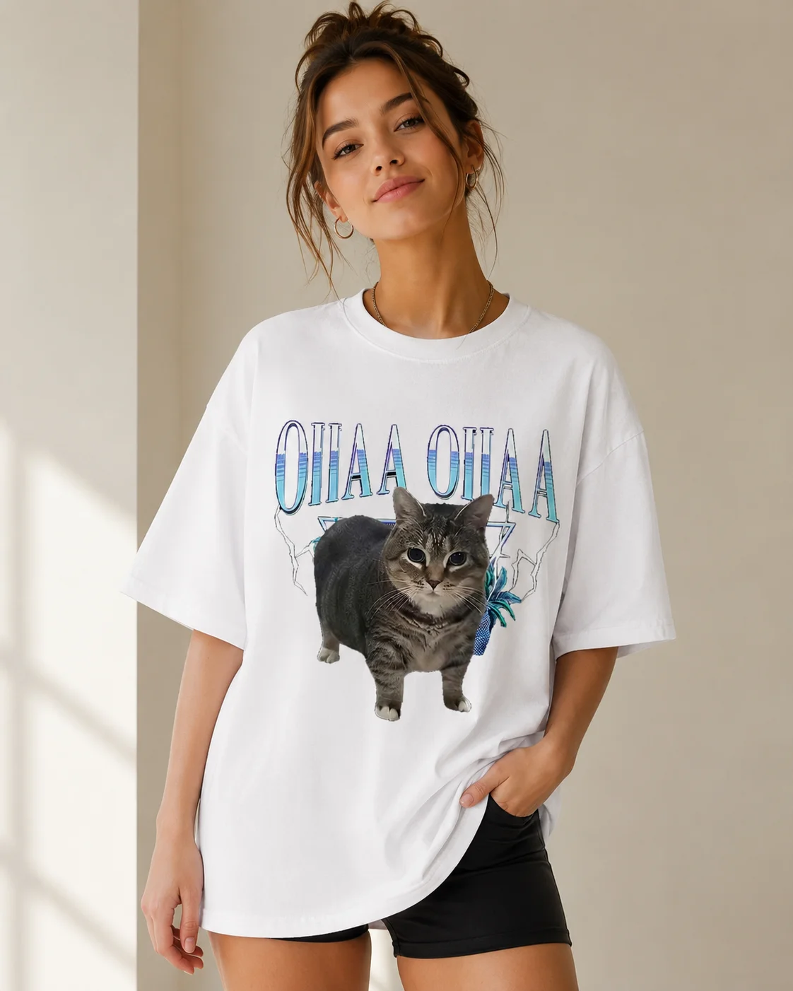 Funny “Meow Meow” Spinning Cat Emoji T-Shirt Alarm Clock P71 Print Design Cat Lovers Fashionable Women's T-Shirt P71