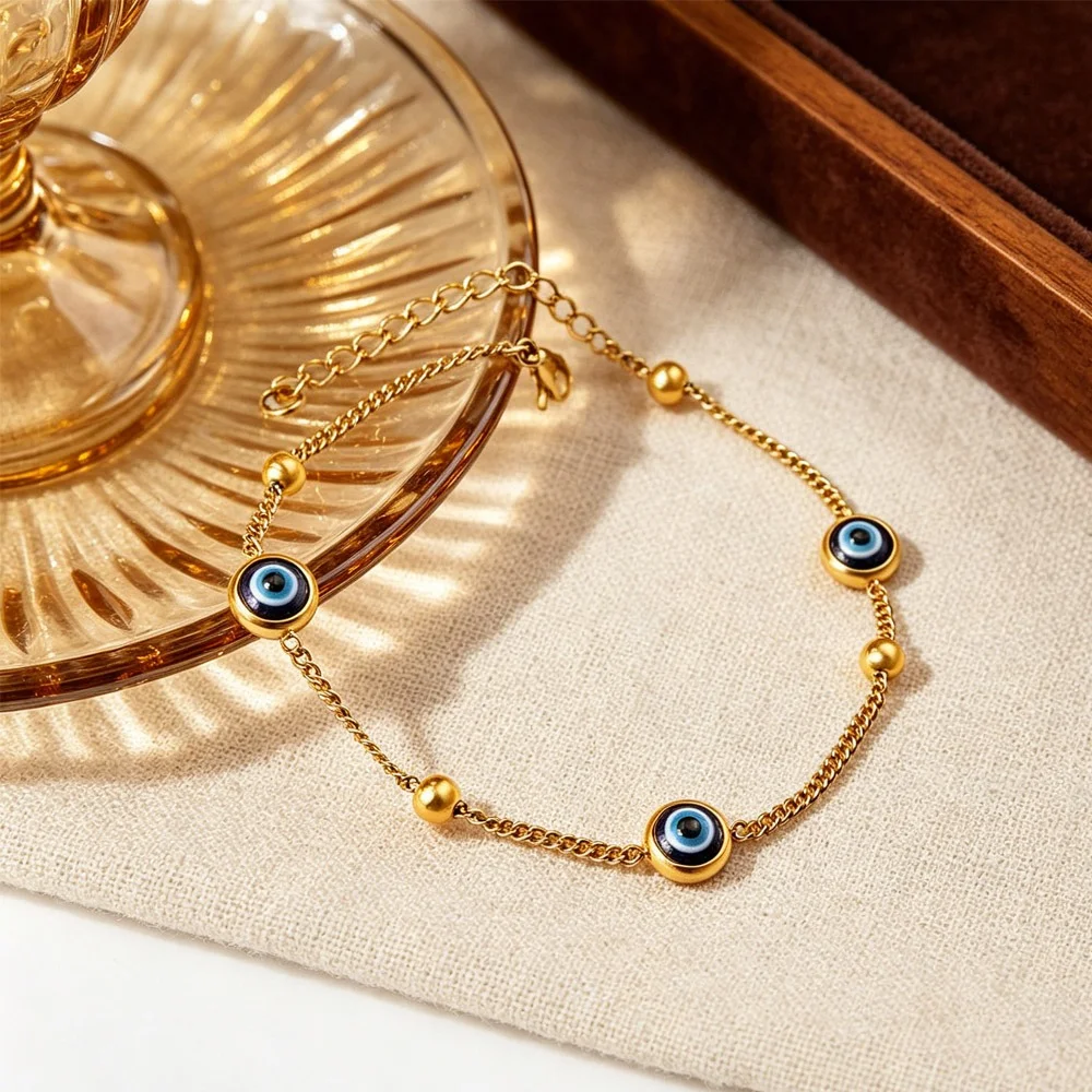 Fashion Blue Turkish Evil Eye Link Chain Bracelets For Women Stainless Steel Ball Beads Adjustable Jewelry Boho Lucky Y2K Gifts