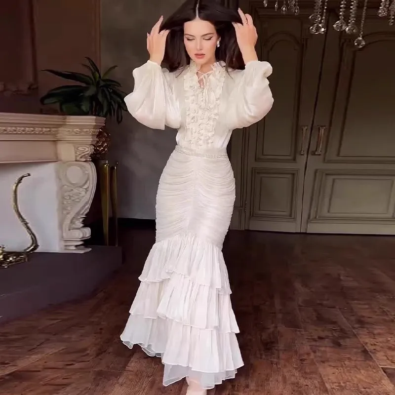 Damasco elegante vestido feminino manga longa em camadas babados vintage vestidos bodycon chique cintura alta pano senhora