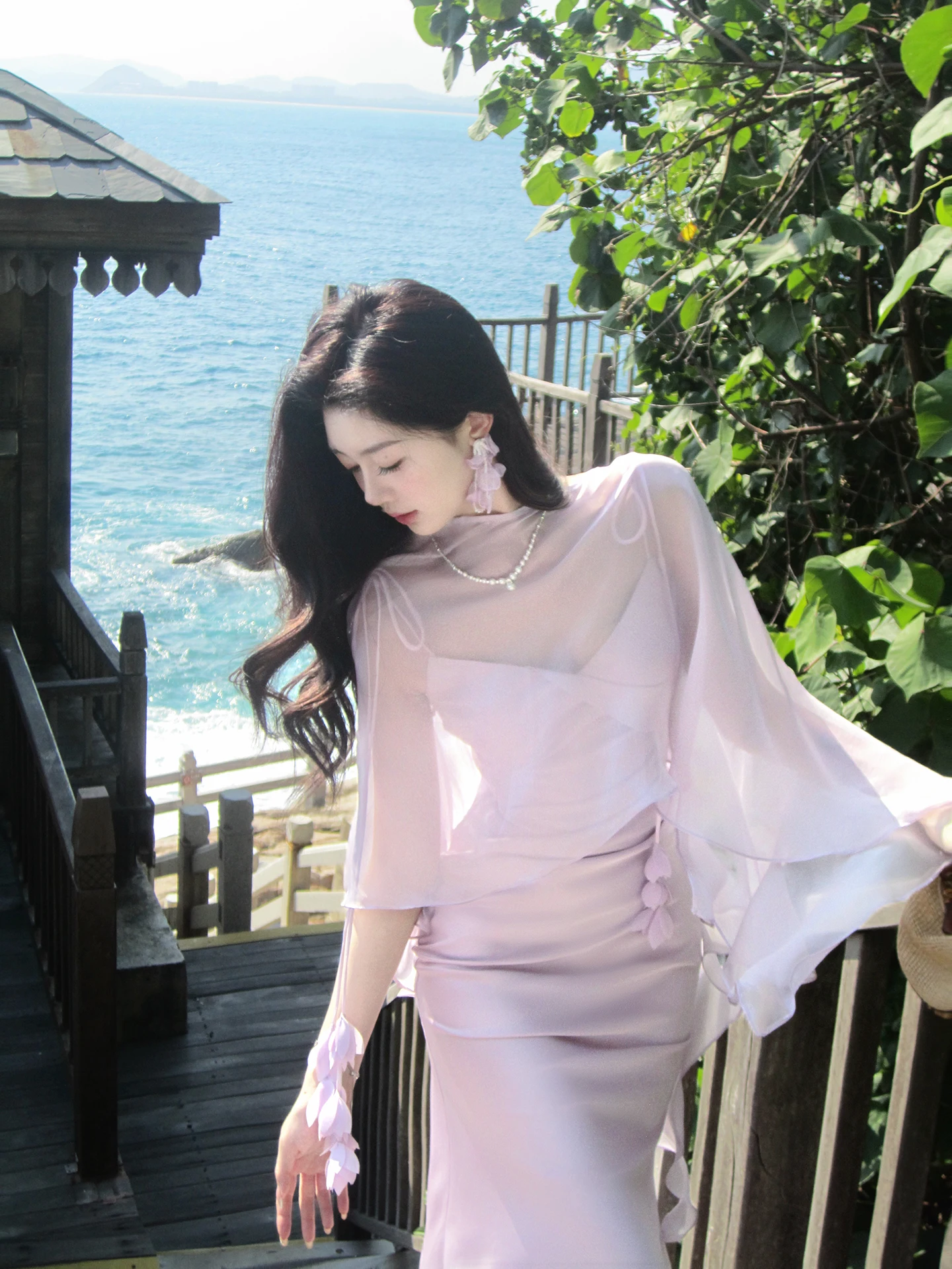 

Ele Purple Thin Women's Summer Net awl Cardigan Outerwear Sunscreen Cape Open Cardigan Sle Polyester Fiber Long Sve