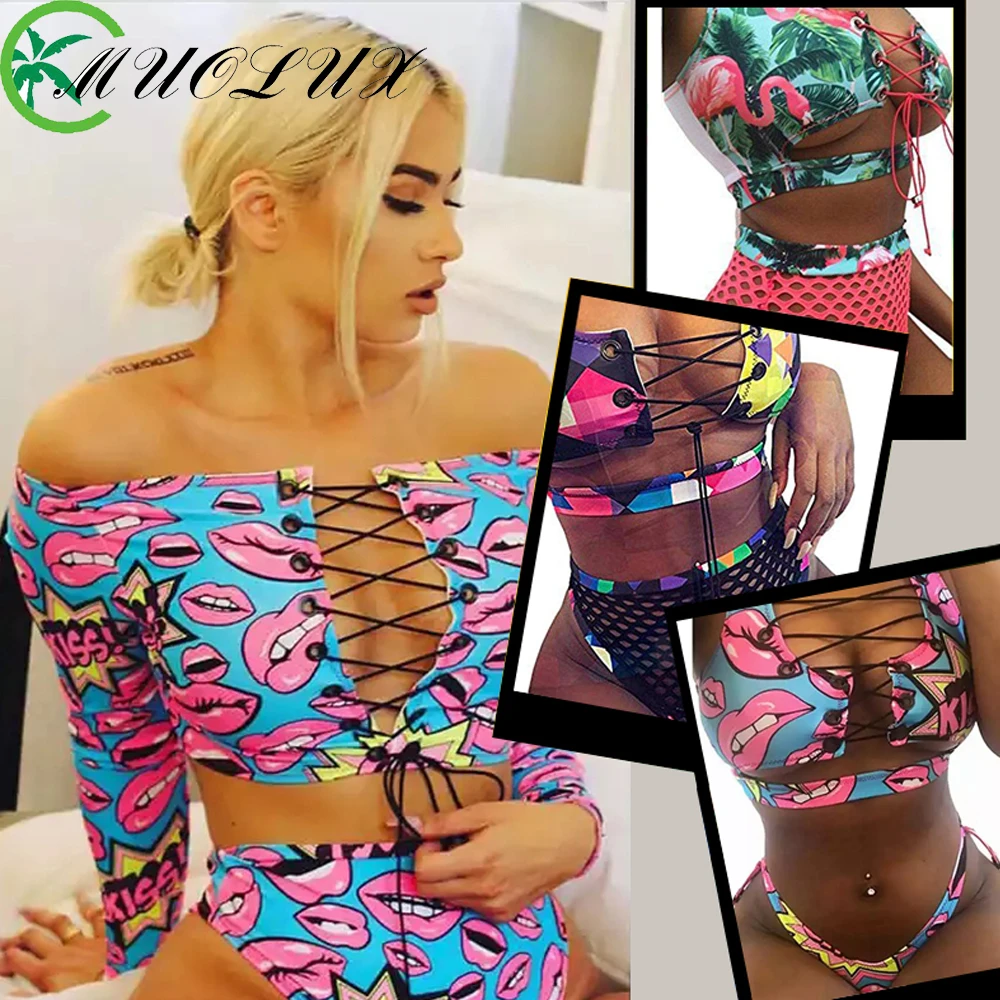 Bikinis 2024 Swimwear Push Up Bikini Set Brasileño Long Sleeve Thong Bandage Plus Size Tankini Women Swimsuit Biquini High Waist