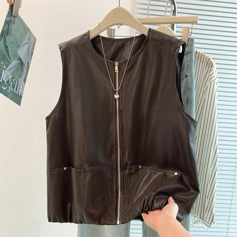 Loose Fit round Neck Rivet Pocket PU Leather Vest Women's Autumn New Style plus Size Casual Versatile Sleeveless Jacket