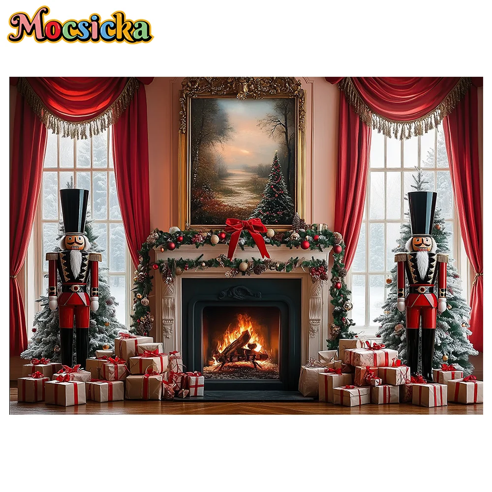 Santa Claus Workshop Background Photography Christmas Tree Gift Clock Wooden Window Backdrop Kids Winter Birthday Photo Studio