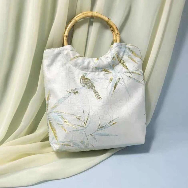 Retro Fashion Chinese Jacquard Bag Ethnic Style Hanfu Cheongsam Handbag Wrist Purse Literary Style Wooden Handle Tote Bags