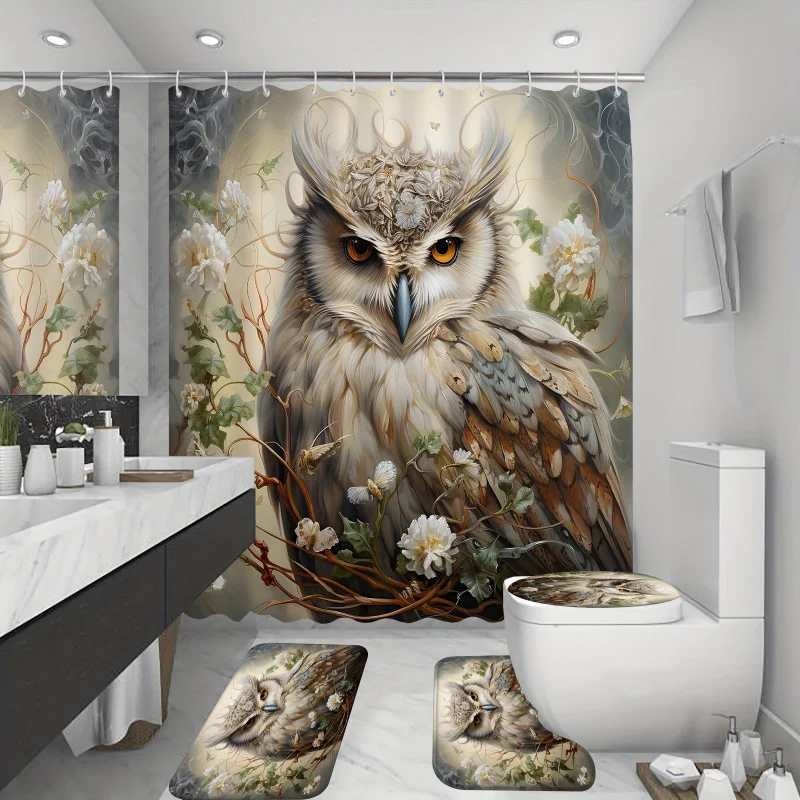 4pcs Waterproof Shower Curtain Set with Non-Slip Bathroom Rug, Toilet U-Shape Mat, Toilet Lid Cover Pad, Cool Owl Pattern, 12