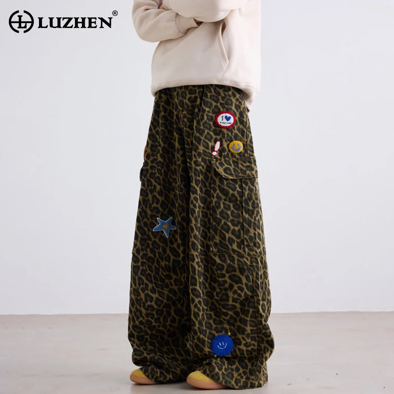 

LUZHEN Star Pattern Patchwork Leopard Print Loose Straight Tube Casual Jeans Men's 2025 New Original Pockets Denim Pants JY4044