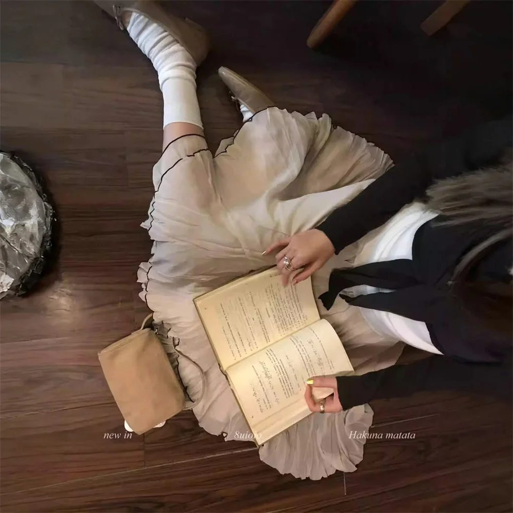 Y2K Ballet Core Beige Tulle Skirt Women High Waist Pleated Flare Skirt Aesthetic Sweet School Date Outfits Preppy Soft Skirt