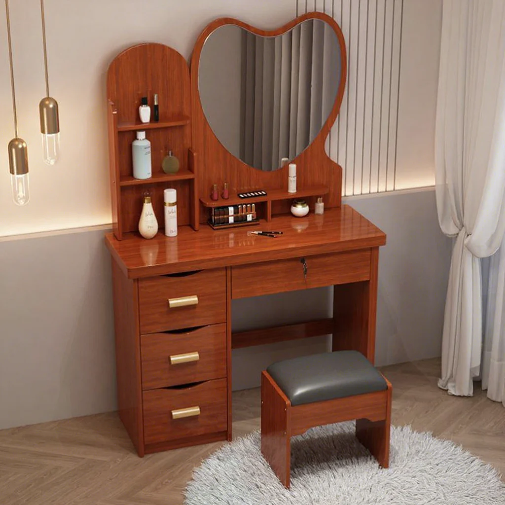 Modern Simple Design Wooden Dresser Vanity Table with Storage Wood Panel Dressing Table LED Lighted Mirror for Bedroom