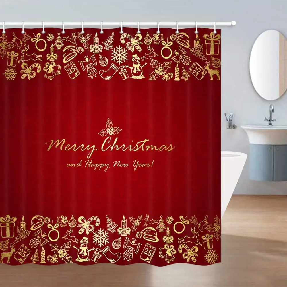 Merry Christmas Shower CurtainTree Balls Candle Snowflakes Snowman Deer Bathroom Polyester Fabric Bath Curtains Set with Hooks