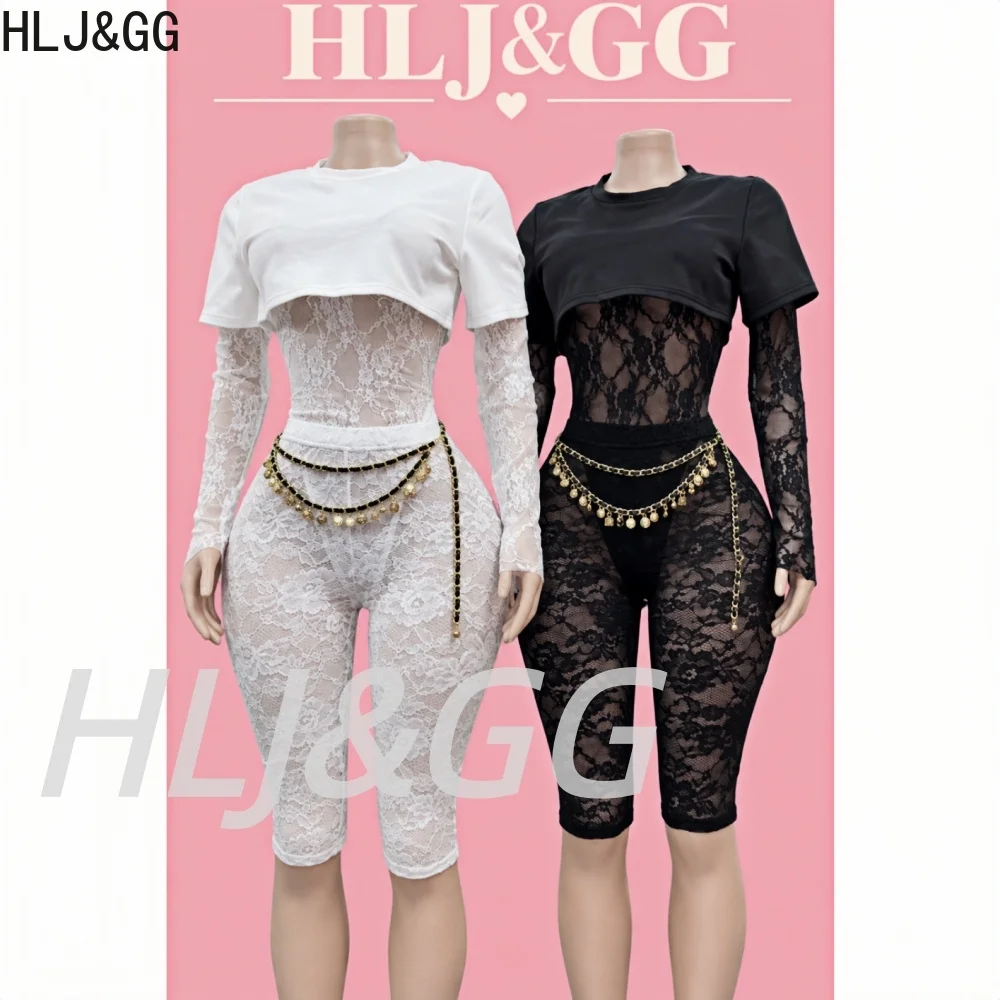 HLJ&GG Lace See Though Shorts Two Piece Sets Women Round Neck Long Sleeve Bodysuits And Shorts Outfit Sexy Sheer 2pcs Streetwear