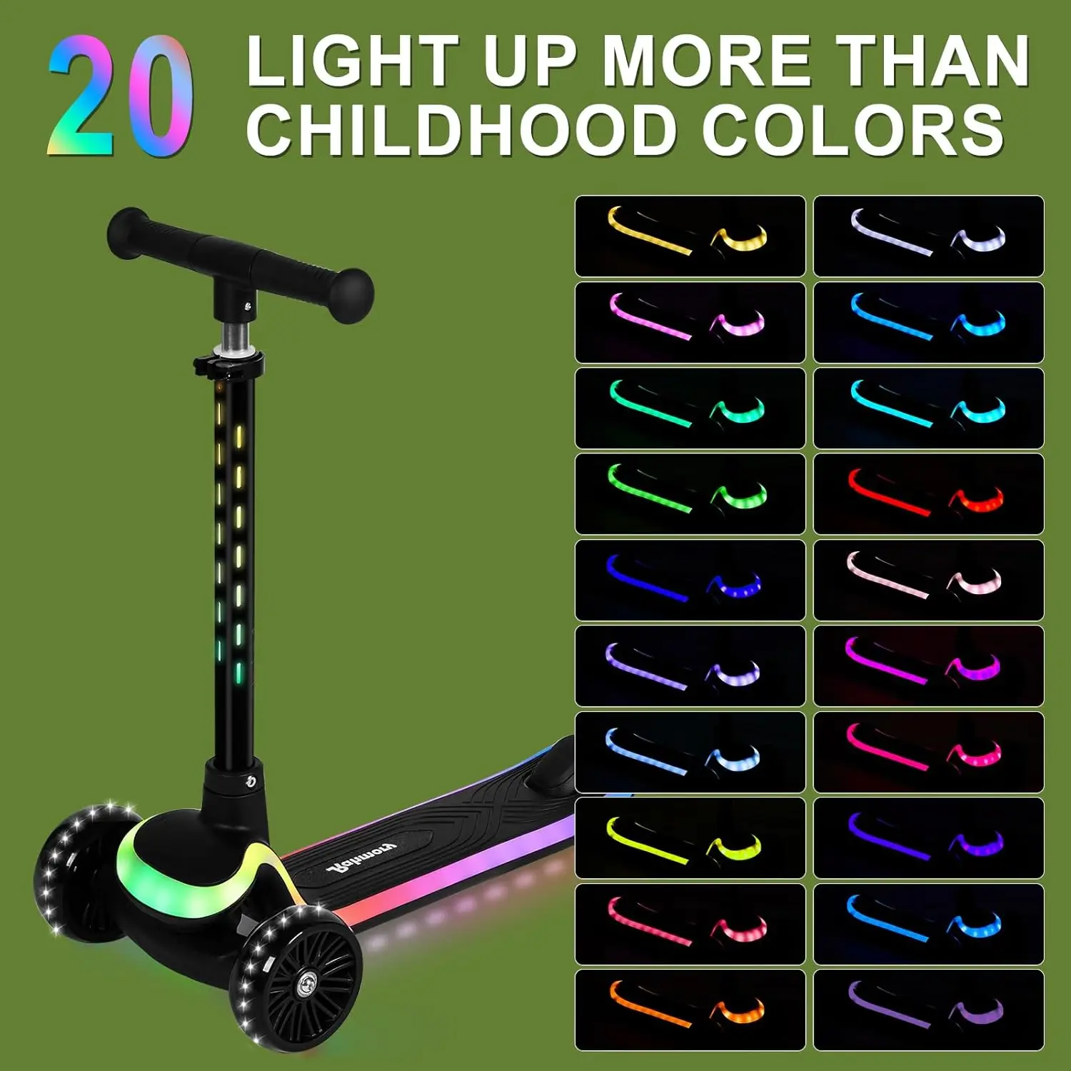 3-Wheel Light-Up Kids Scooter,Lights on Stem & Deck, 20 Different Light Patterns,Three Adjustable Heights,Lean to Steer, Balance