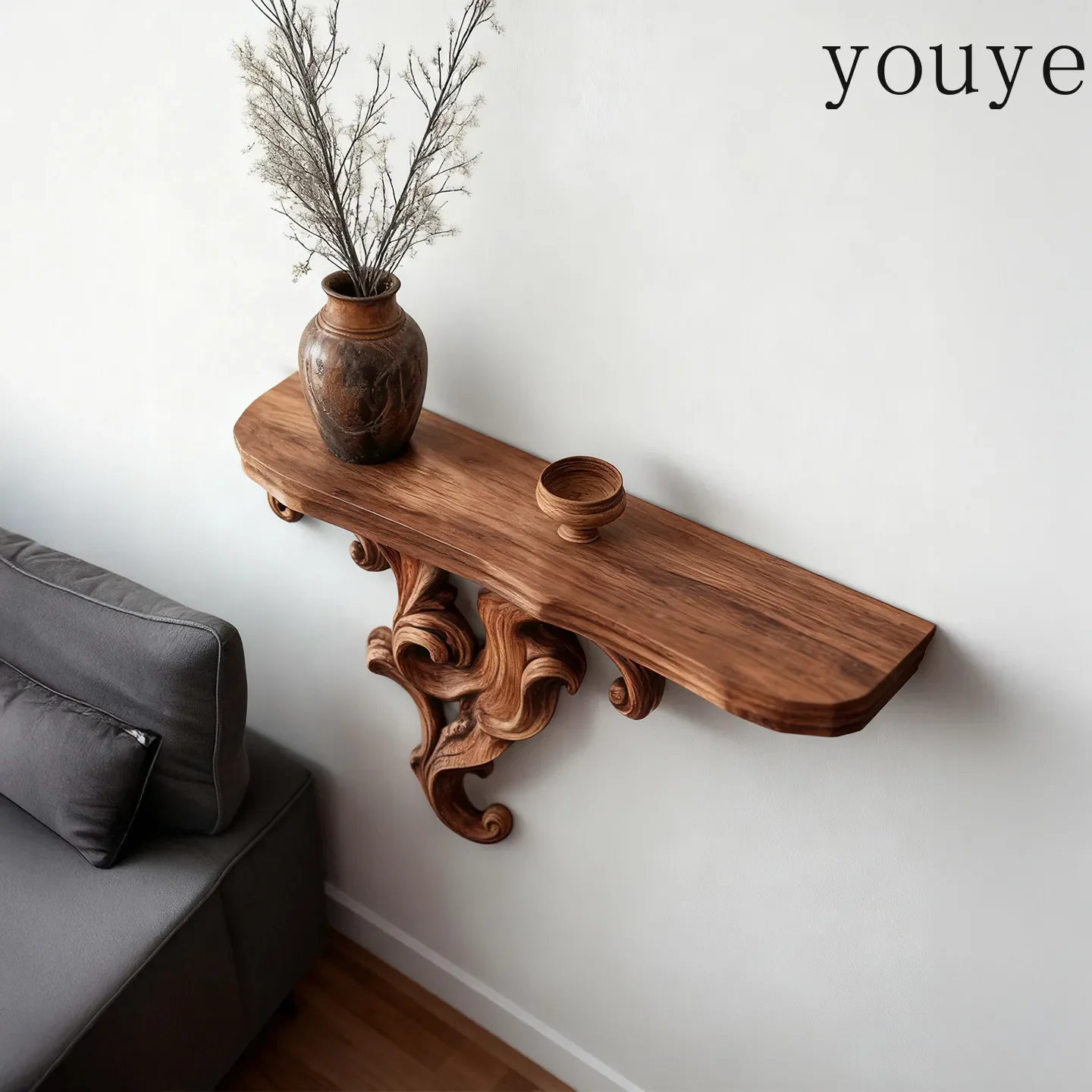 N10 Medieval style classic wooden entryway counter, carved decorative wall-mounted storage rack, living room entryway