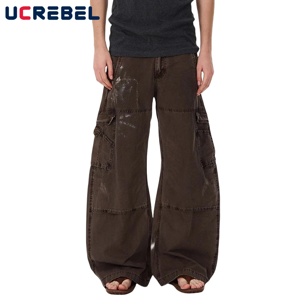 

Retro Splash Ink Cargo Pants Mens High Street Multi-Pocket Loose Straight-leg Wide Leg Pants Men Trousers