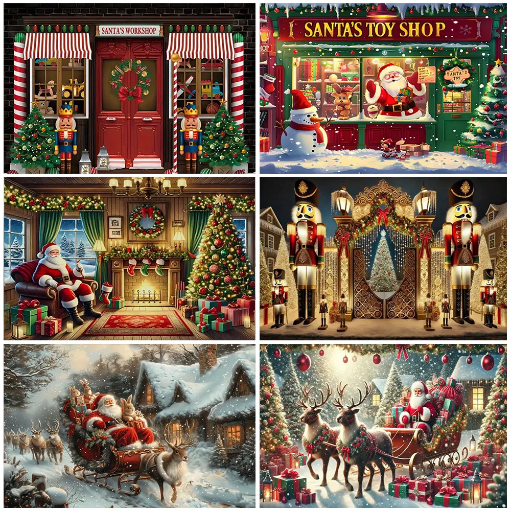 

Cute Santa Shop Claus Merry Christmas Backdrop Snowman Winter Wall Banner Party Decoration Supplies Photography Studio Props