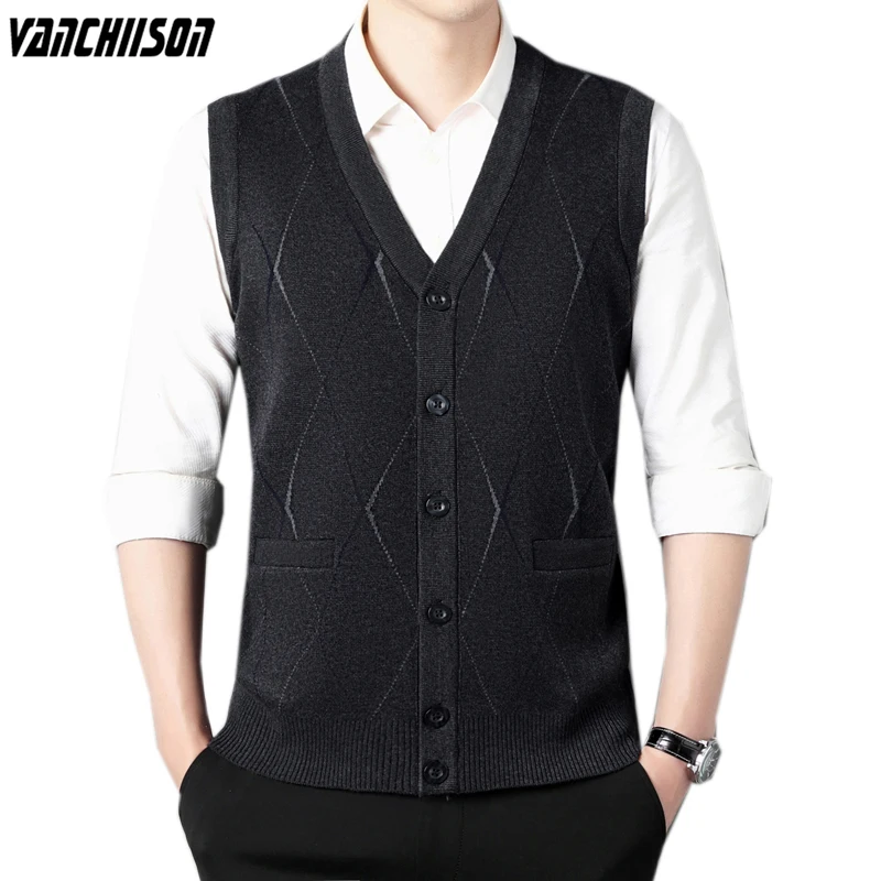 

Men Wool Knit Vest Buttons Down Cardigan Sleeveless Basic Thick for Autumn Winter 3D Argyle Vintage Male Fashion Clothing 00248