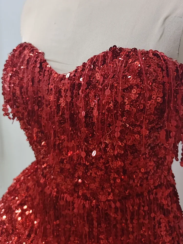 JONN Cocktail Party Dresses for Women Sexy Strapless Red Sparkly Sequins Tassel Slim Bow Decorations Short Gown