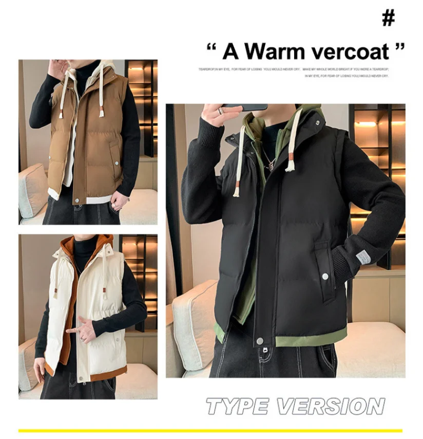 

Men Trendy Cardigan Vest Male Hooded Fake Two Piece Vest Jacket Popular Jacket Men Slim Fit Windproof Sleeveless Puffer Jackets
