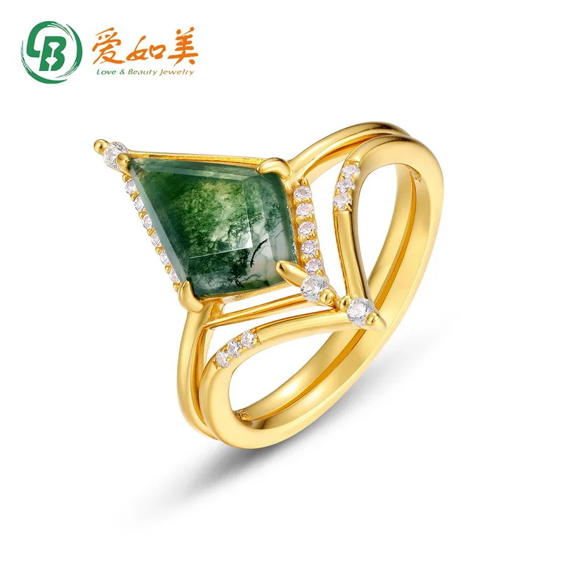 

New Personalized Geometric Green Moss Ring 18K Gold PT950 Platinum Silver Plated 7-Layer Gold Set Ring Stacked Ring