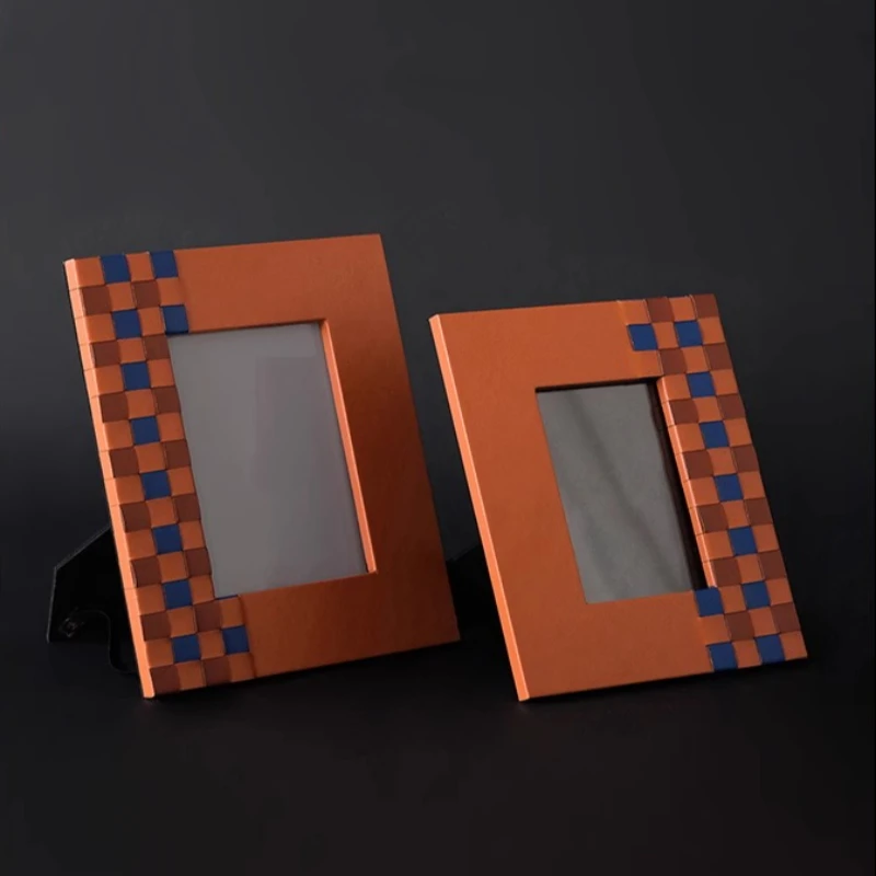 Woven Checkered Leather Photo Frame Modern Tabletop Picture Display Minimalist Home Decor for Office Elegant Picture Holder
