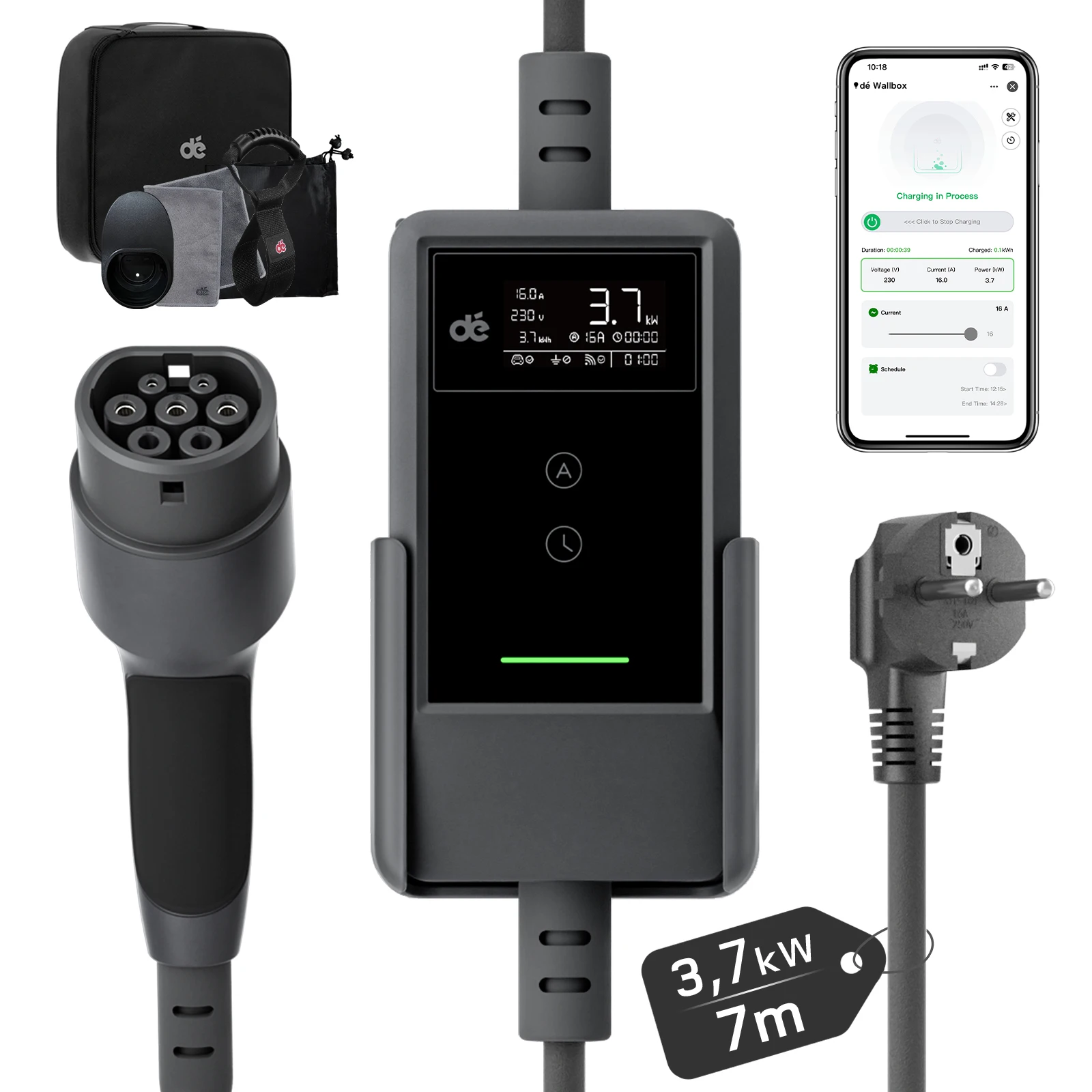 dé ladekabel elektroauto typ 2 schuko 3,7kW 16A Intelligente APP-Steuerung, Ladekabel mit Wahl 5,5m 7m 10m 15m 20m 25m Heim-Wallbox Elektroauto Ladestation für Elektrofahrzeuge