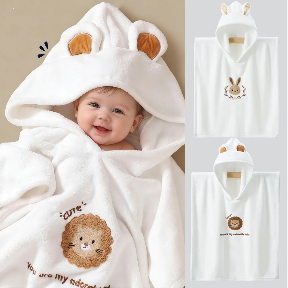 

2025 Autumn and Winter Thick Chrildren Towel Baby Cute Cartoon Wearable Bathrobe With Hood Girls Boys Soft Coral Fleece Towel