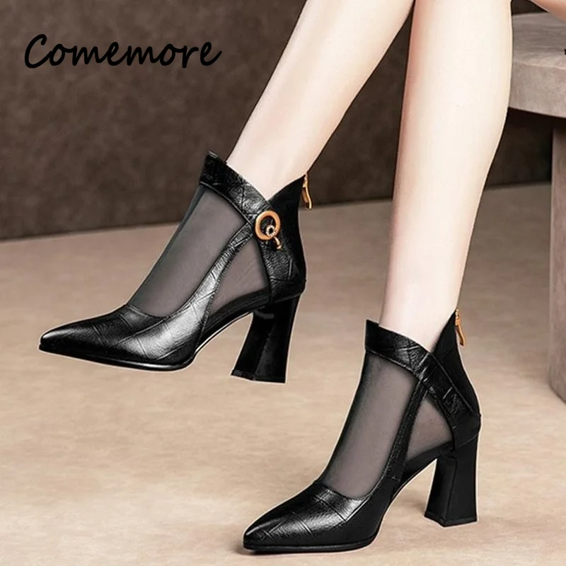 Comemore Women\'s Summer Mesh Boots High Heel Zipper Sexy Black Lace-Up Square Heel Sandals Pumps Shoes Ladies Zapatos De Mujer