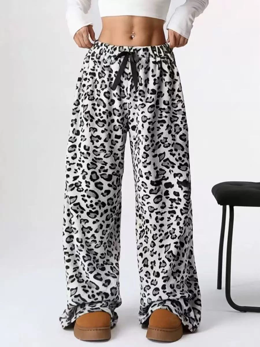 Pantalones de felpa de pierna ancha con estampado de leopardo para mujer, pantalones largos sueltos y peludos de cintura alta