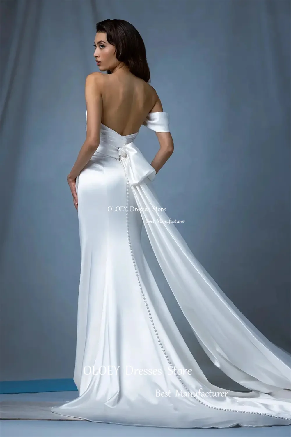 OLOEY Elegant Pleats Satin White Wedding Dress Left Slit Mermaid Bridal Gown Backless Floor Length Button Sweep Train Custom