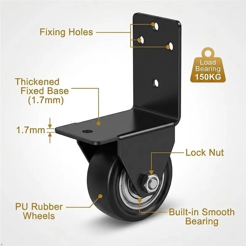 A27F-2 Inch Directional Castor Wheel With L Mounting Plate 4 Pack Side Mount Casters Silent Fixed For Bed Cabinet Plant Stand