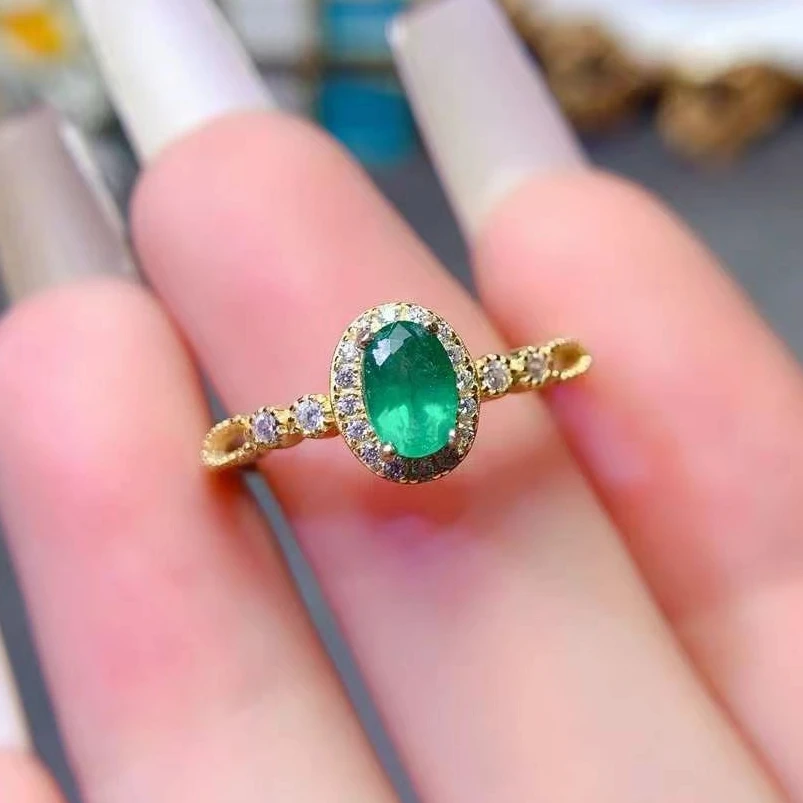 Shining Natural Emerald Ring for Engagement 4mm*6mm 0.4ct Colombian Emerald Silver Ring with 18K Gold Plated 925 Silver Jewelry