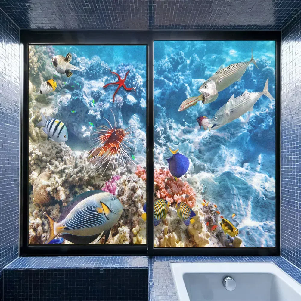 

Underwater World Pattern Privacy Glass Window Film Frosted Glass Door Stickers Glue-Free Electrostatic Anti UV Glass Window Film