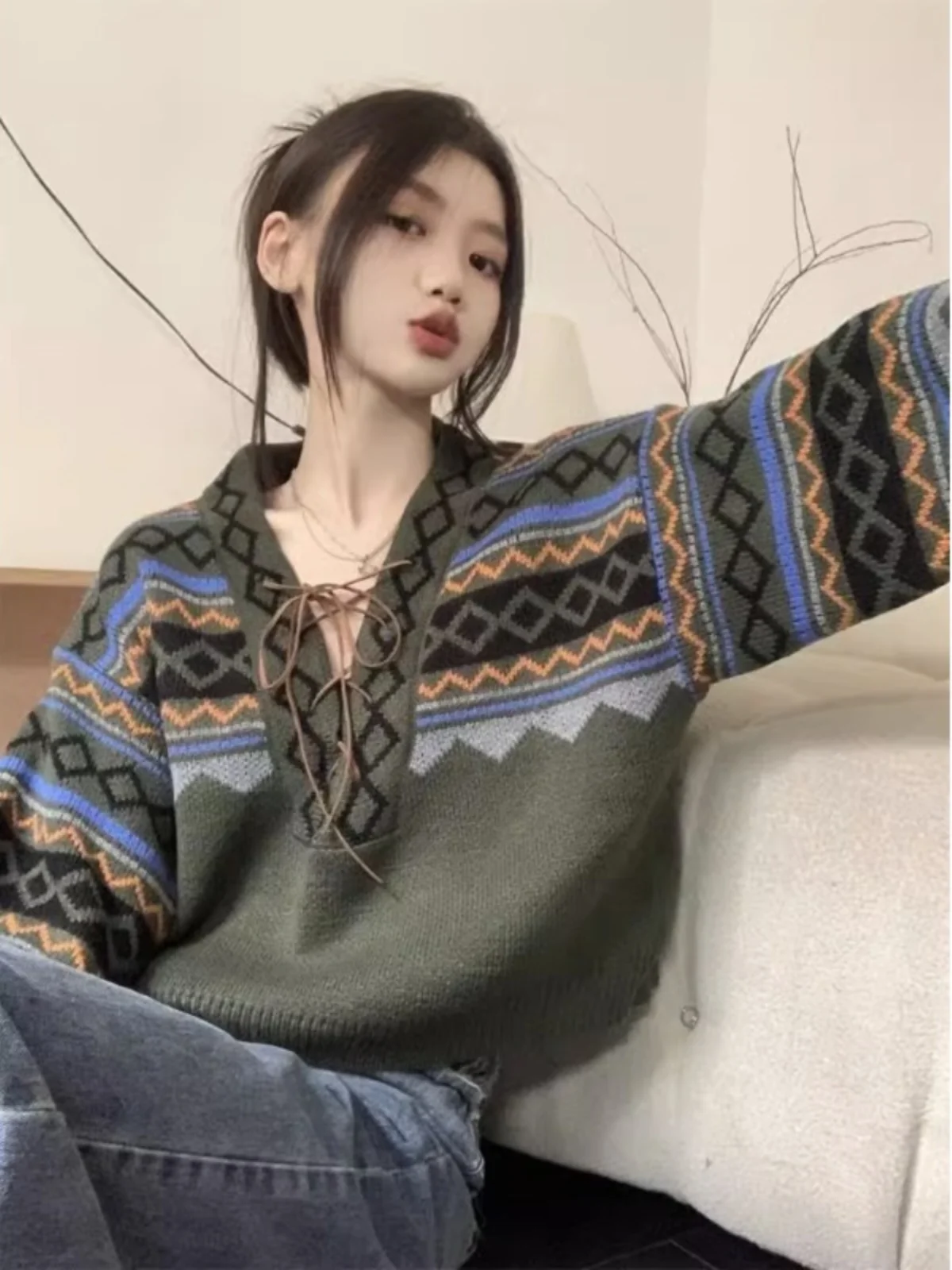 

Retro Korean Sle Long Sve V-Ne Knitted Sweater Women's Spring Autumn Loose Slimming Dstring Belted Top